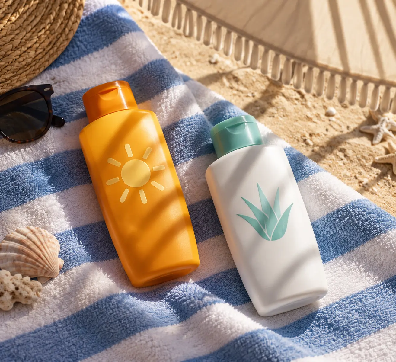 Флакон крема от загара SPF 50 объёмом 200 мл стоит рядом с бальзамом после загара на пляжном полотенце в тени зонтика в Сочи.